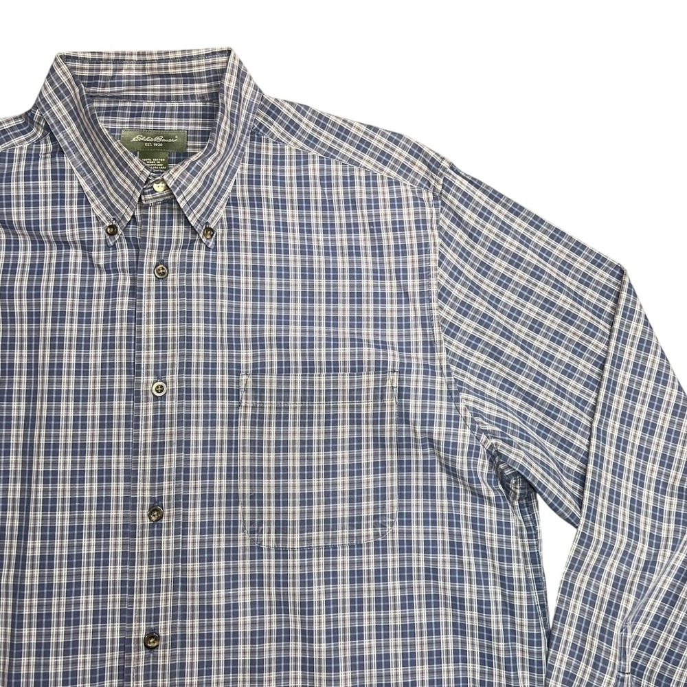 Eddie Bauer Blue Grey Plaid Mens Large Cotton Relaxed Fit Casual Shirt Button Up